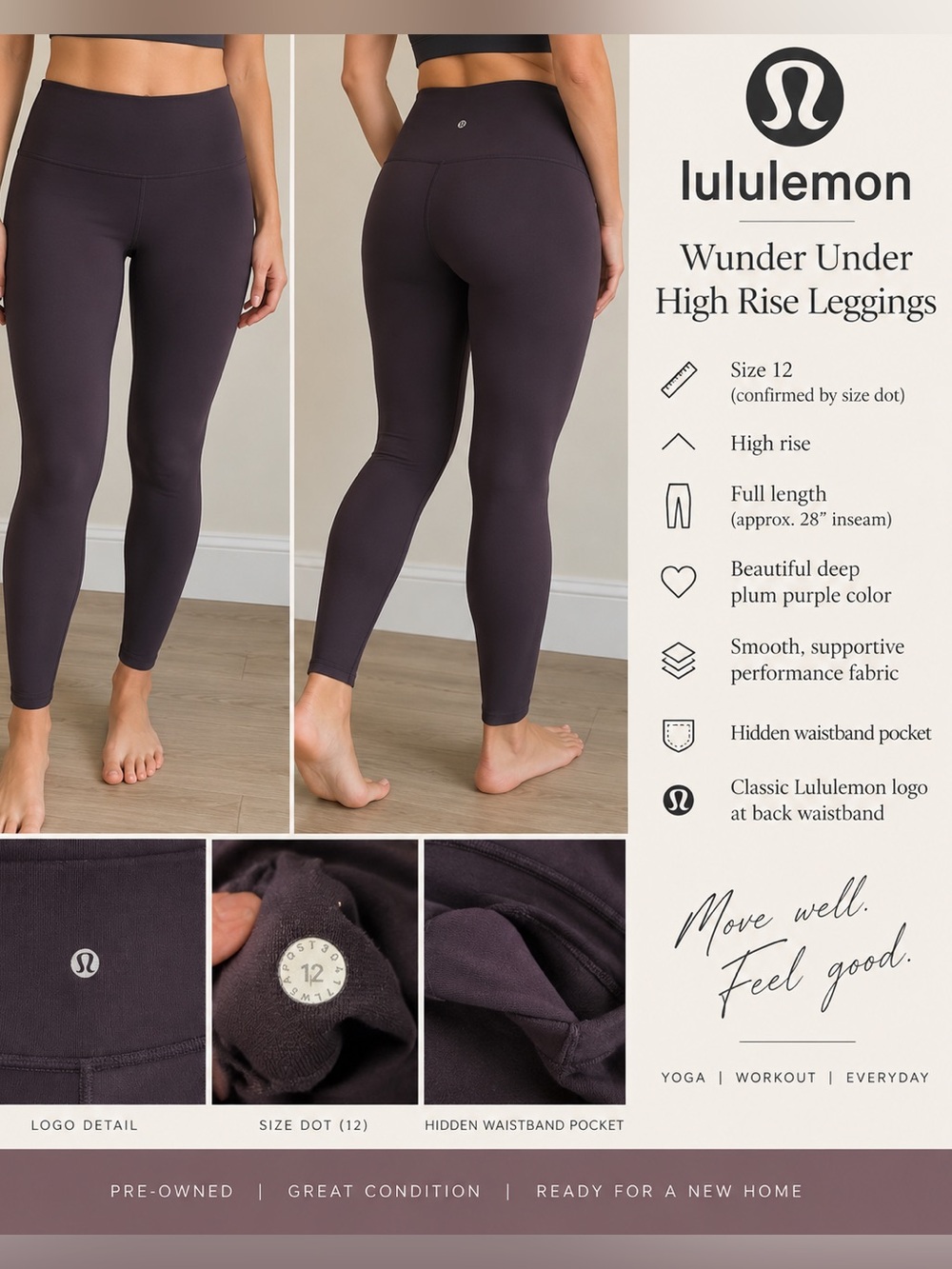 Lululemon Wunder Under High Rise Leggings Size 12 Purple Plum